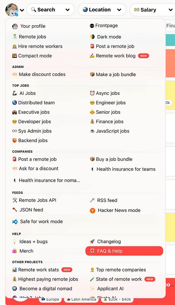 The image displays a user interface for a remote job platform with various navigation options and features.