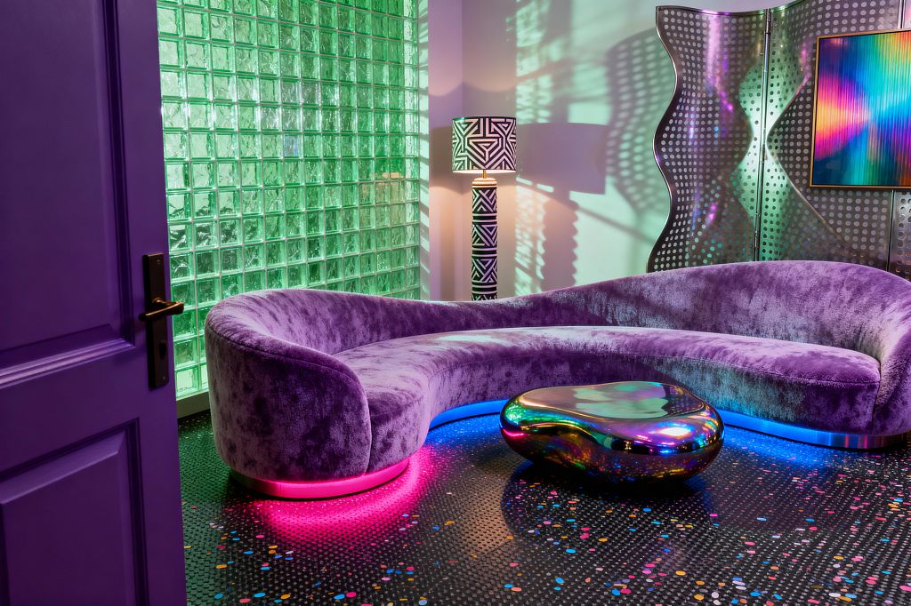 A living room features a serpentine purple velvet sofa with pink and blue LED glow at its base, paired with an iridescent, pebble-shaped metal coffee table on a black penny-tile floor scattered with confetti-like dots. A green glass-block wall shines at left, while a wavy perforated metal screen and a framed rainbow gradient print reflect color; a black-and-white geometric column lamp and a purple door with brass hardware complete the scene.