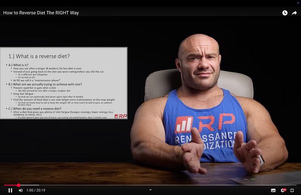 A fitness expert discusses reverse dieting while presenting key information on a screen.
