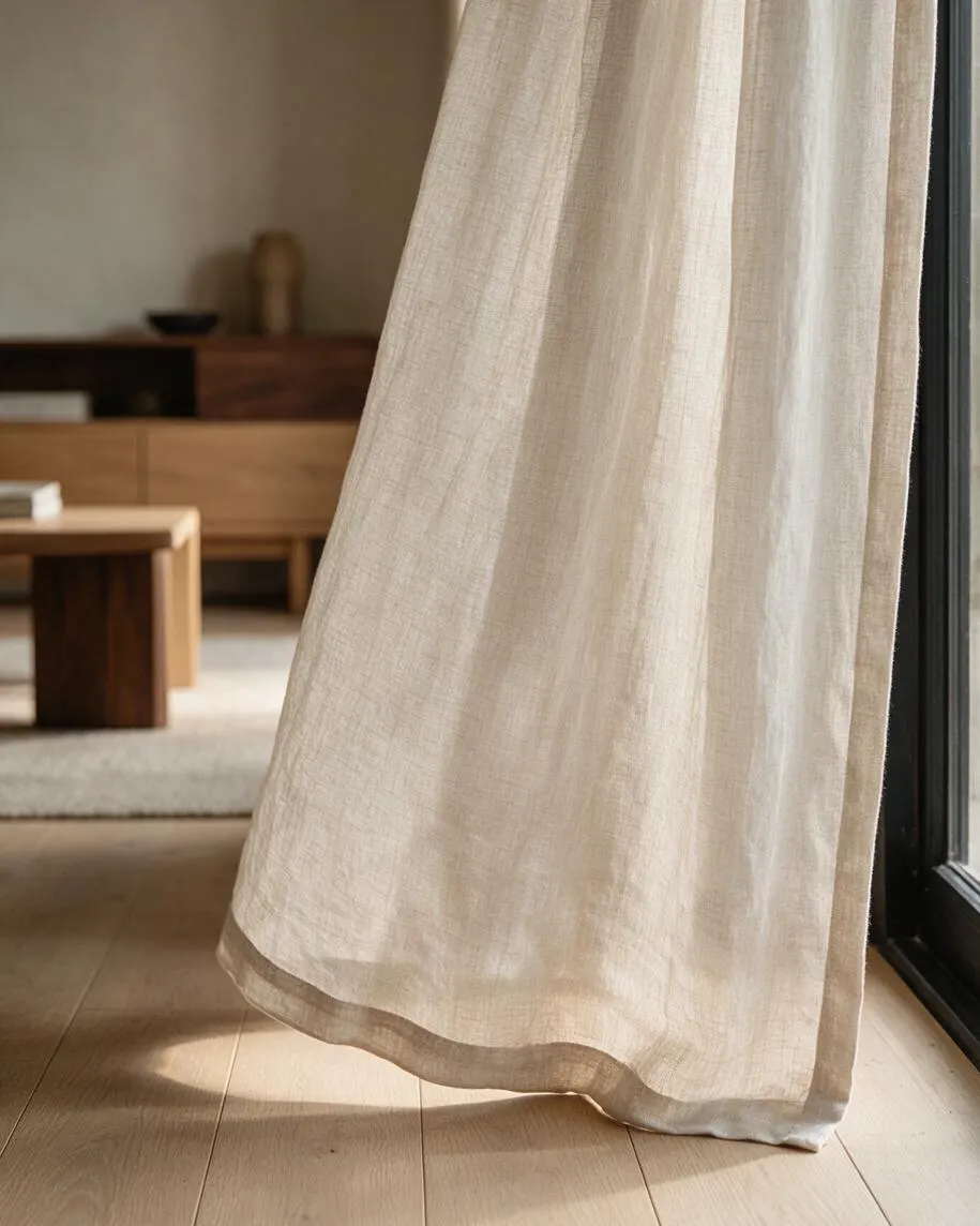 A close-up view of a light beige linen curtain hanging beside a dark-framed window, softly brushing over pale wood flooring. In the blurred background, low wooden furniture and a neutral rug reinforce the calm, minimal Japandi interior.