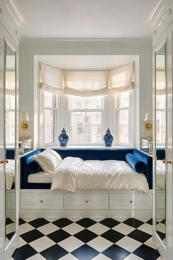 A bright studio apartment nook features a built-in daybed upholstered in deep blue velvet with white bedding, set beneath a bay window with cream Roman shades. Mirrored closet doors flank the space, while blue-and-white porcelain jars, brass sconces, and a black-and-white checkerboard floor create a glamorous Hollywood Regency look.