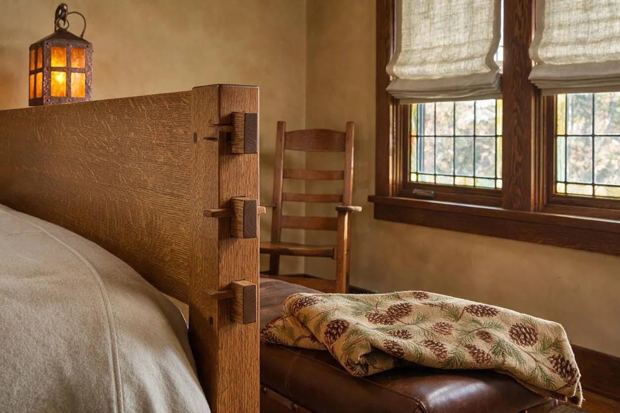 A Craftsman-style master bedroom with a heavy oak bed frame featuring exposed joinery, beige bedding, and a leather bench at the foot of the bed. A lantern-style wall sconce, a wooden chair, and leaded glass windows with woven shades add warmth and historic character.