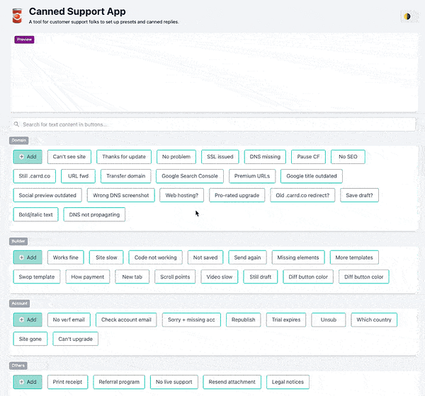 The image displays a user interface for a Canned Support App designed for tech support tasks.