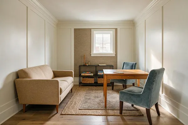 A narrow transitional game room with white paneled walls, warm wood floors, and a centered window over a woven-texture accent wall. The room includes a beige sofa on the left, two blue upholstered chairs, a small wooden game table, a black metal storage shelf, and layered neutral rugs.