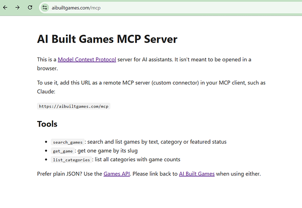 Webpage for AI Built Games MCP Server providing server info, usage instructions, and API tools.