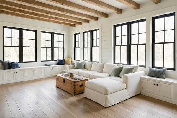 A bright farmhouse sunroom with white shiplap walls, exposed wood ceiling beams, and large black-framed windows wrapping the room. An L-shaped cream sectional, a rustic wooden trunk coffee table, built-in window benches with storage, and soft neutral pillows create a cozy, airy seating area.