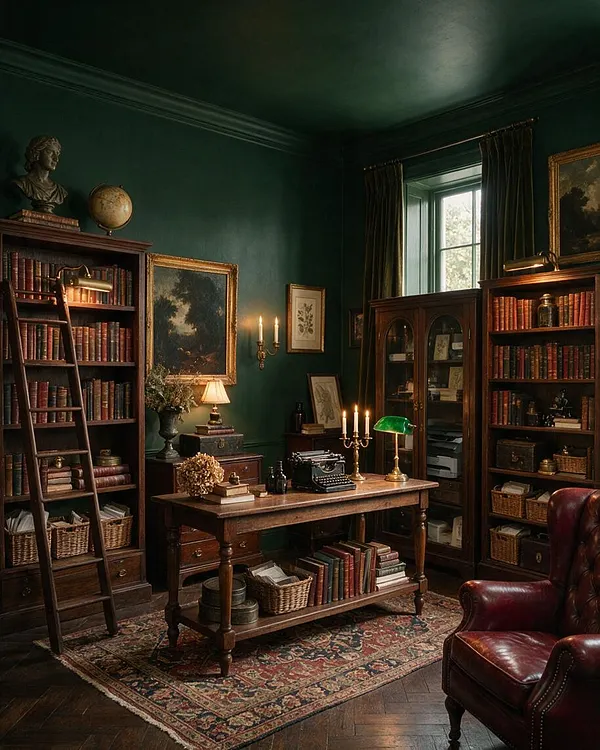 A dark academia home office with deep green walls, dark wood bookcases filled with books and baskets, and a wooden desk centered on a patterned oriental rug. A leather armchair, brass lamps, framed artwork, a globe, and candlelight create a scholarly, dramatic atmosphere.