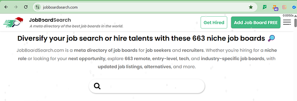 The image displays the homepage of JobBoardSearch.com, a directory for job boards.