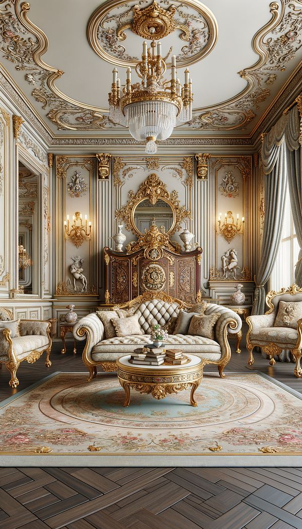 An opulent French Regence style living room with a canapé, ornately decorated commode, and gilt-bronze accents.