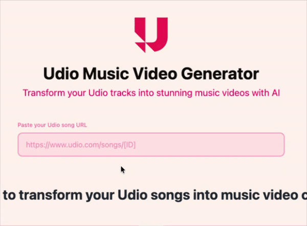 The image displays the Udio Music Video Generator interface for transforming Udio tracks into music videos.