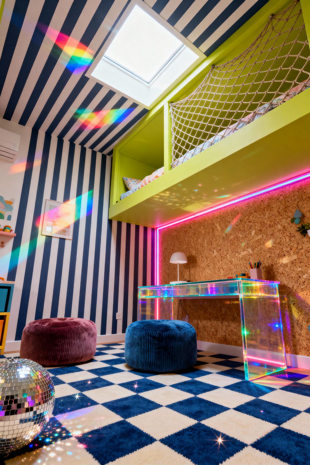 A maximalist kids’ room with navy and white vertical stripes on the walls and ceiling features a skylight and a chartreuse loft bed with a rope safety net. Below, a cork-clad wall frames a study area with a clear iridescent acrylic desk and a small white lamp, outlined by neon pink LED lighting. The floor has a navy-and-cream checker rug with plush corduroy poufs, while a mirrored disco ball and rainbow light reflections add sparkle.