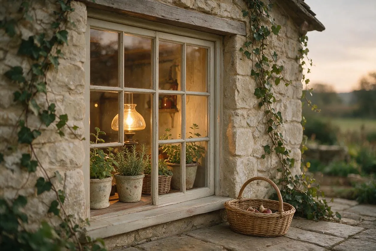 A rustic stone cottage exterior with a multi-pane window framed in weathered wood. Ivy climbs along the walls, potted herbs sit on the sill, a warm lamp glows inside, and a wicker basket rests on the stone patio.
