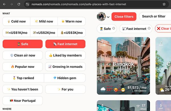 The image displays a webpage from Nomads featuring a list of safe locations with fast internet.