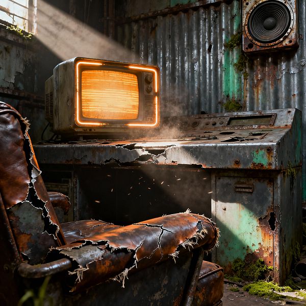 An abandoned media room features a torn brown leather armchair facing a rusted metal console with peeling turquoise paint and holes. A vintage CRT television outlined by a glowing orange frame sits on the console, its screen showing static. Corrugated steel walls, exposed pipes, and a wall-mounted speaker frame the scene as patches of green moss creep along edges. Sunlight slants through a broken window, illuminating drifting dust in the dim space.