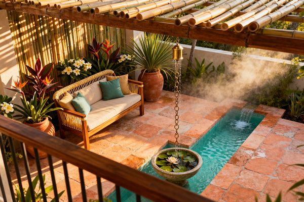 Sunlit tropical patio with a bamboo pergola and privacy screen over terracotta tiles. A woven rattan sofa with beige cushions and teal pillows faces a narrow turquoise plunge pool. A brass rain chain drips into a round stone bowl filled with lily pads and a blooming lotus. Large terracotta planters hold plumeria, bird of paradise, cordyline, and spiky palm-like foliage. Warm, misty light filters through the bamboo, creating striped shadows and a tranquil, resort feel.