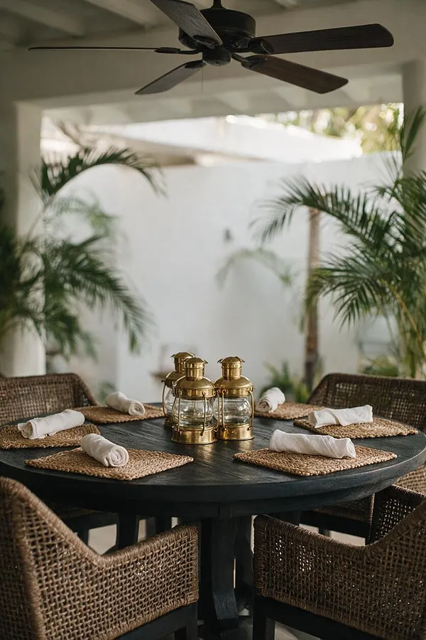 An outdoor tropical dining vignette with a round dark wood table surrounded by woven rattan chairs. The table is set with woven placemats, rolled white napkins, and brass lanterns, with palm plants and a white wall in the softly lit background.