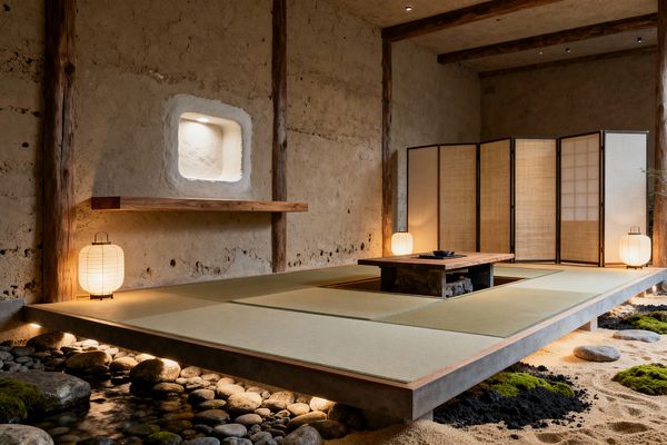 A serene Japanese-style media room features a raised tatami platform floating above illuminated river stones and raked sand dotted with moss. A low wooden table sits over a sunken footwell, flanked by washi paper lanterns; a folding shoji screen lines the back. Rough earthen plaster walls with exposed beams and a small lit wall niche, plus soft downlights, create a warm, minimalist setting for floor seating and quiet viewing.