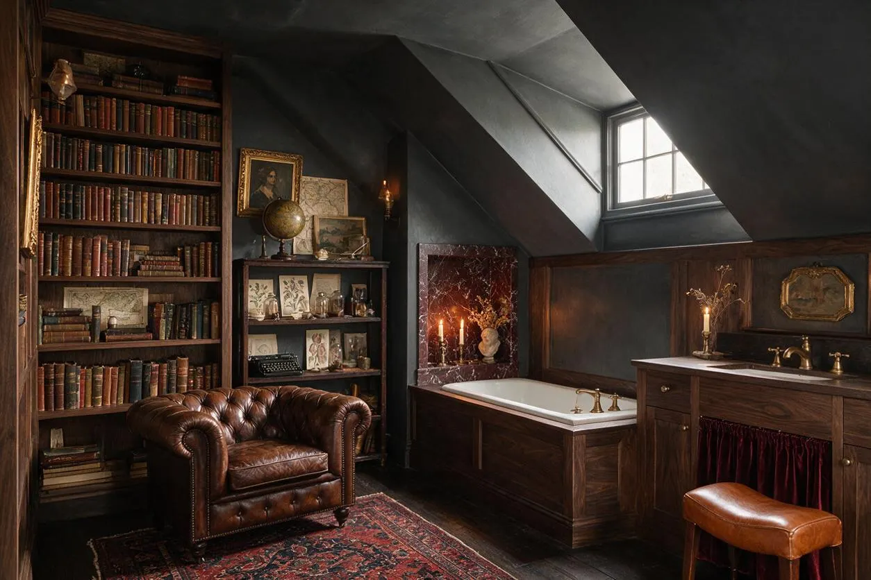 A dramatic master bathroom styled like a private library, with dark painted walls, a built-in bookshelf filled with old books, a brown leather tufted armchair, and a vintage rug. A white bathtub sits beside a burgundy marble accent niche with candles, while a wood vanity with brass fixtures and a burgundy curtain adds to the scholarly, old-world atmosphere.
