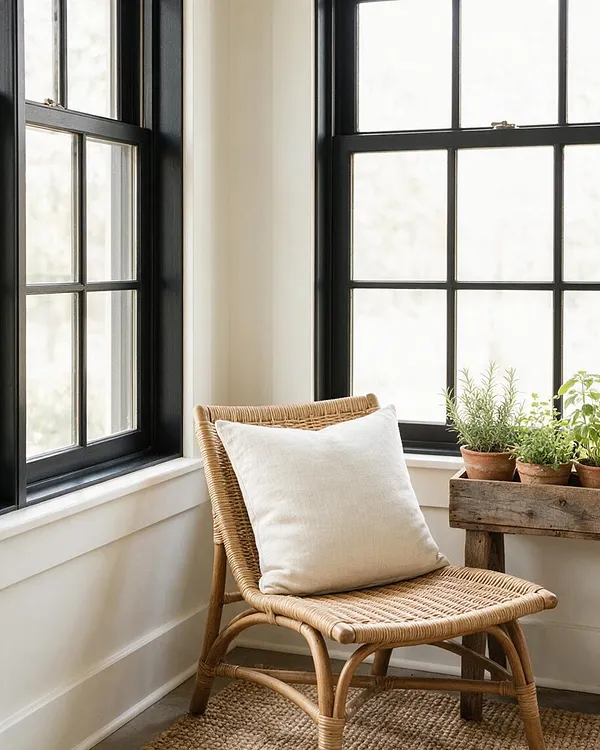 A bright farmhouse corner with tall black-framed grid windows, white walls and trim, a woven rattan chair with a cream cushion, and a rustic wooden table holding small terracotta potted herbs. Natural light softens the neutral palette and highlights the texture-rich, relaxed styling.