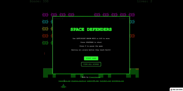 The image displays a game interface for 'Space Defenders' with instructions and options for gameplay.