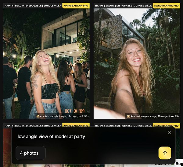 A vibrant party scene featuring a smiling woman with long hair, surrounded by friends in a lush outdoor setting.