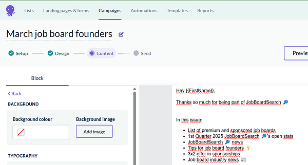 The image displays a user interface for creating a newsletter campaign titled 'March job board founders'.