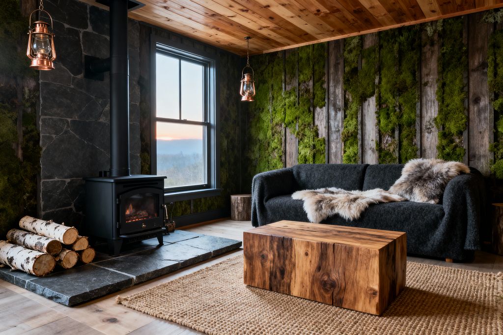 A cozy rustic living room features a black cast-iron wood stove on a slate hearth, flanked by stacked birch logs, with a sunset visible through a black-trimmed window. A weathered wood and preserved moss feature wall sits behind a charcoal sofa draped with sheepskin throws, facing a solid block wood coffee table atop a chunky jute rug, while copper lantern pendants and a pine plank ceiling warm the space.