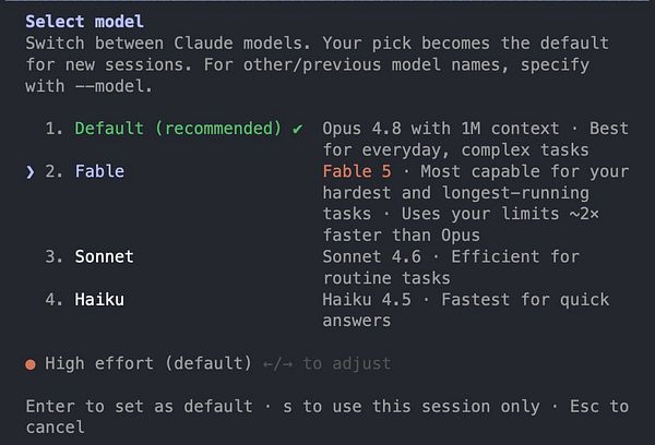 Screenshot of a code generation interface showing a detailed script about a 'Simon the Brave' gem written using a new model labeled 'Claude Mythos (Fable 5)'.