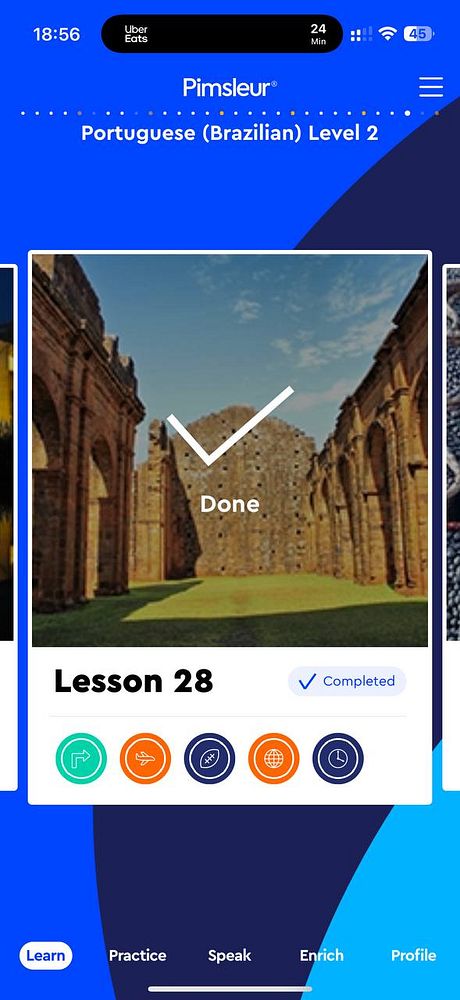 The image displays a completed lesson screen from the Pimsleur language learning app for Brazilian Portuguese.