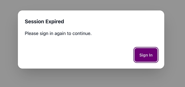 A modal window indicating a session expiration message.
