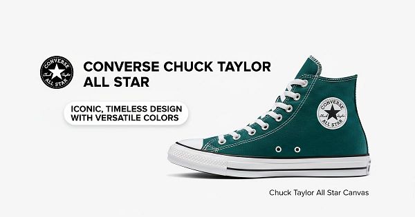 A stylish pair of Converse Chuck Taylor All Star sneakers is prominently displayed against a clean, white background.