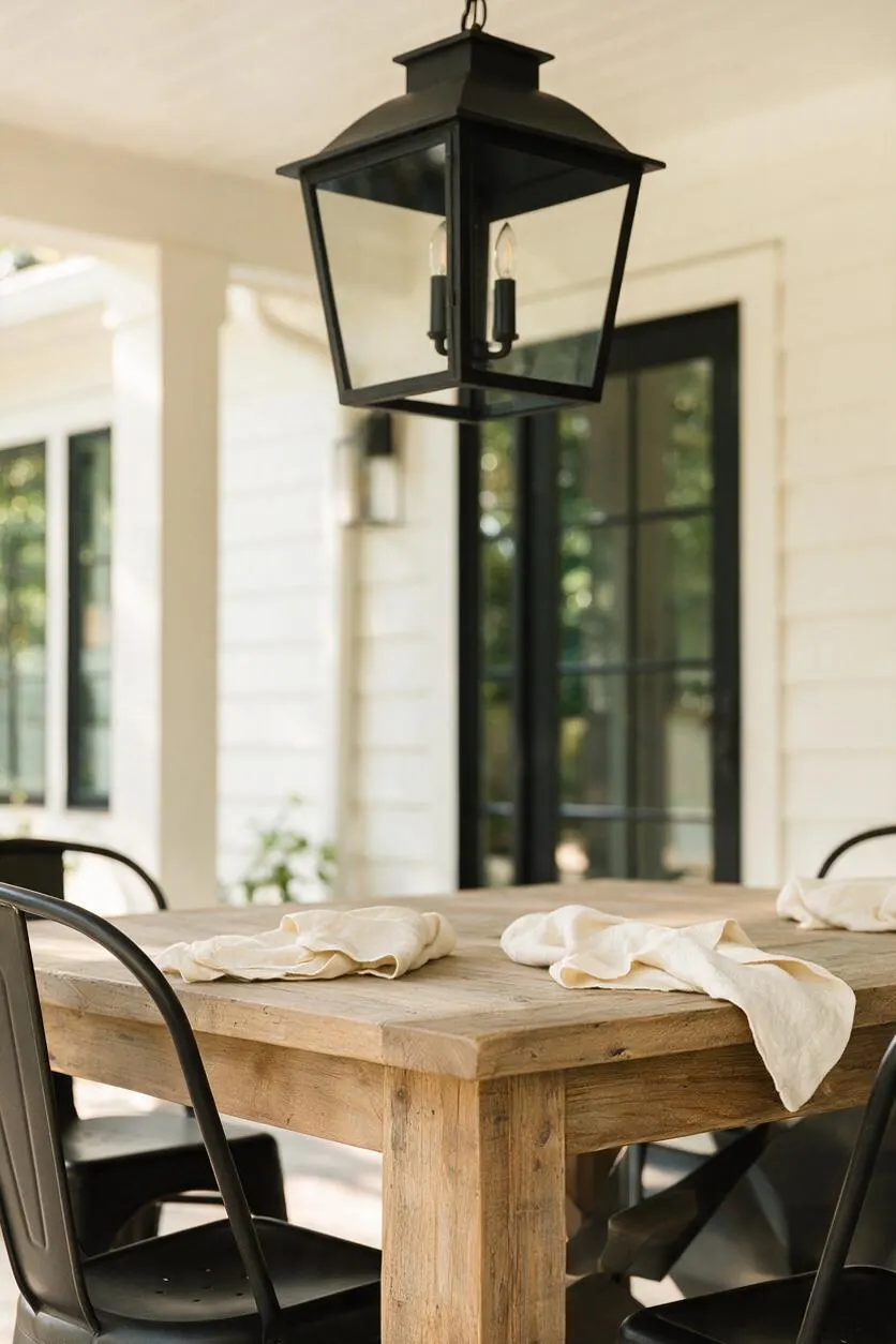 A farmhouse-style covered porch features a rustic reclaimed-wood dining table with black metal chairs and soft neutral linens. Above it hangs a large black lantern pendant, while white siding, black-framed windows, and glass doors create a clean, airy backdrop.