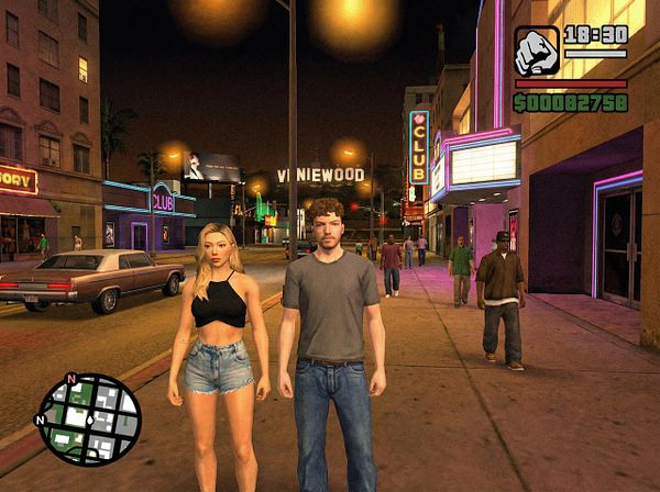 A digital scene resembling a Grand Theft Auto game set in a vibrant urban environment at night.