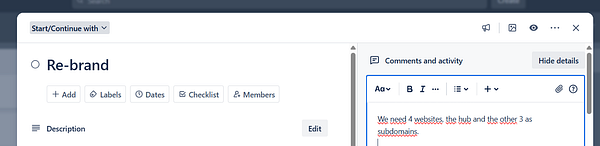 The image displays a task management interface focused on a rebranding project.