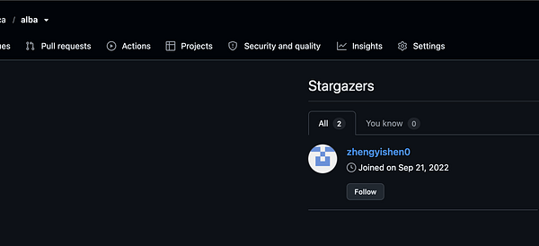 GitHub repository page showing the Stargazers section with two stars, including the user zhengyishen0 who joined GitHub on September 21, 2022.