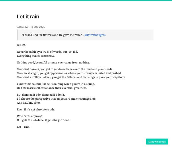 A reflective post titled 'Let it rain' discusses personal growth and resilience.