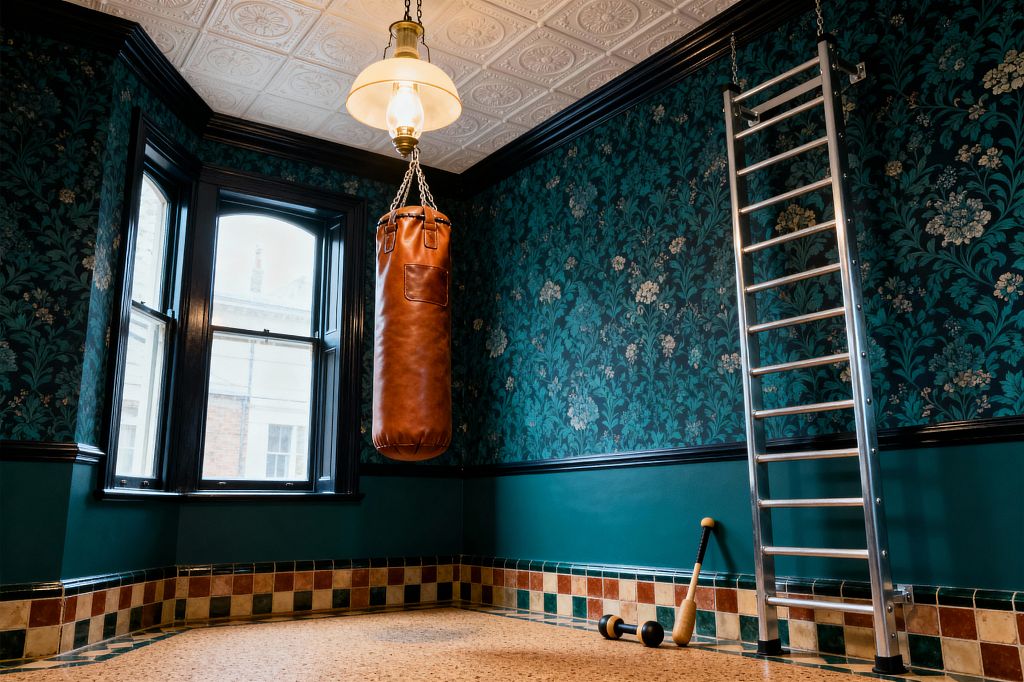 A Victorian-inspired home gym features deep teal floral wallpaper over a matching painted lower wall with black trim. A white pressed-tin ceiling holds a glass pendant light, and a caramel leather heavy bag hangs from chains near a black-framed bay window. On the right, brushed-metal stall bars are fixed to the wall. Multicolored ceramic base tiles edge a cork floor, with a small dumbbell and wooden Indian club resting along the skirting.