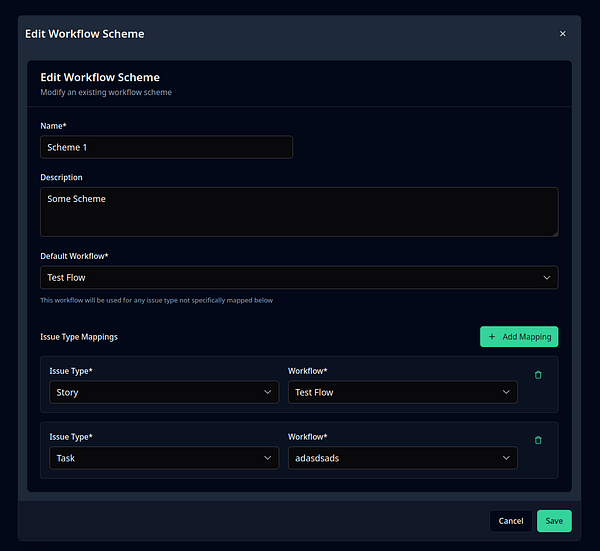 The image displays a user interface for editing a workflow scheme in a software application.