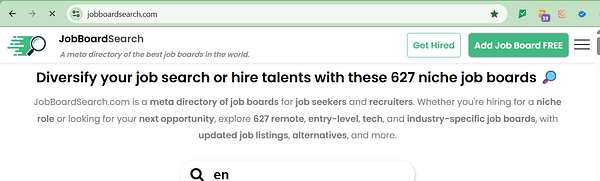 The image displays a webpage for JobBoardSearch, a directory of niche job boards.