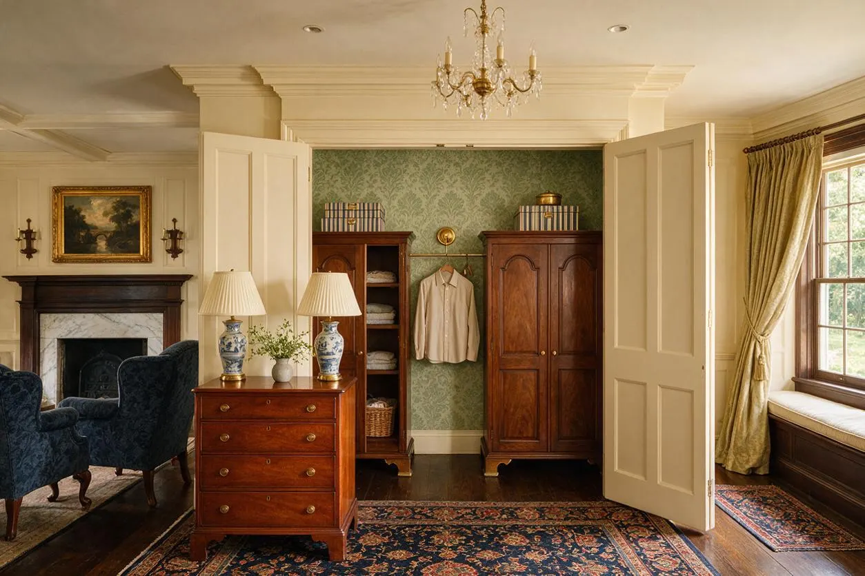A traditional closet area integrated into a refined room, with double paneled doors opening to reveal dark wood wardrobes, a hanging shirt, folded linens, and woven storage baskets. The space features green patterned wallpaper, a crystal chandelier, a cherry wood chest with porcelain lamps, a fireplace, and a large window with gold drapery.