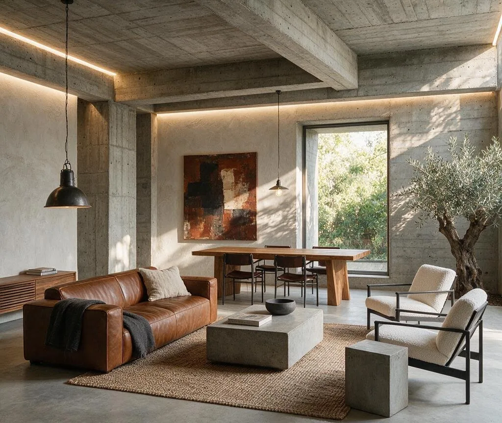 A living room in the Brutalist style