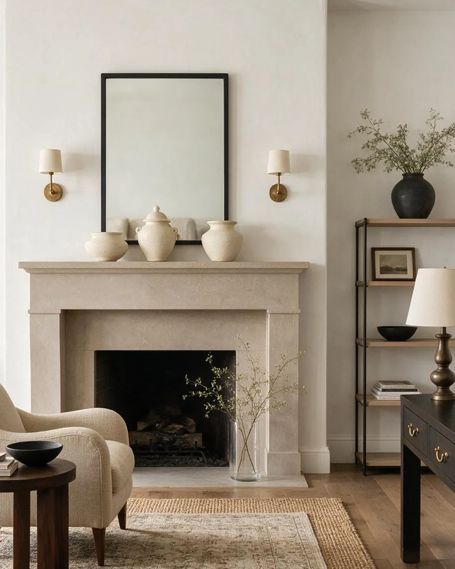 A refined transitional living room centered on a pale stone fireplace with a large black-framed mirror above it and cream ceramic vases on the mantel. Brass wall sconces, a textured beige chair, woven rug, black shelving, and soft neutral decor create a calm, balanced space.