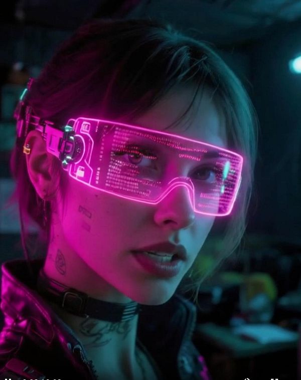 A woman with futuristic glasses featuring neon lights and a cyberpunk aesthetic.