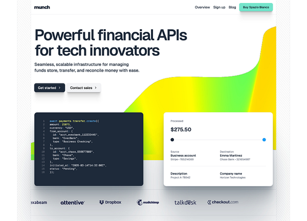 The image displays a web interface for a financial API service with code snippets and transaction details.