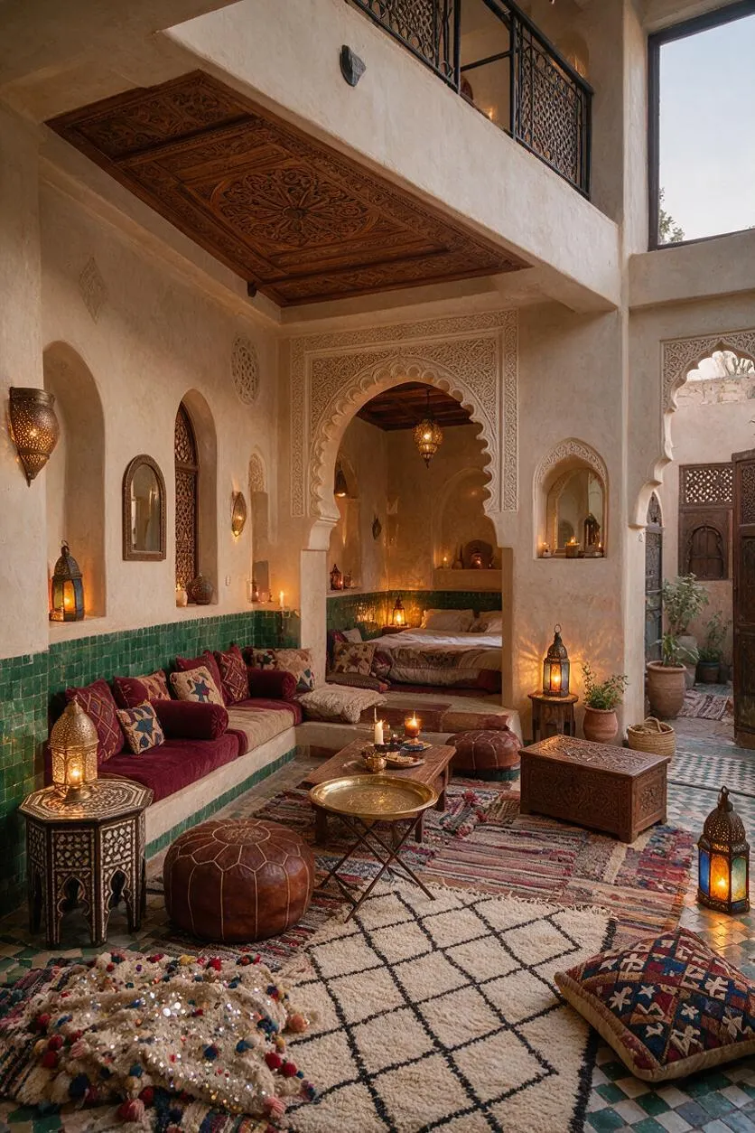 A Moroccan-style studio apartment with cream plaster walls, carved arches, and a mezzanine ceiling panel in dark wood. The space includes low burgundy seating, green tile accents, patterned rugs, leather poufs, brass trays, and glowing lanterns that create a warm, intimate atmosphere.
