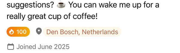 A digital interface celebrating a 100-day streak with location and join date details.