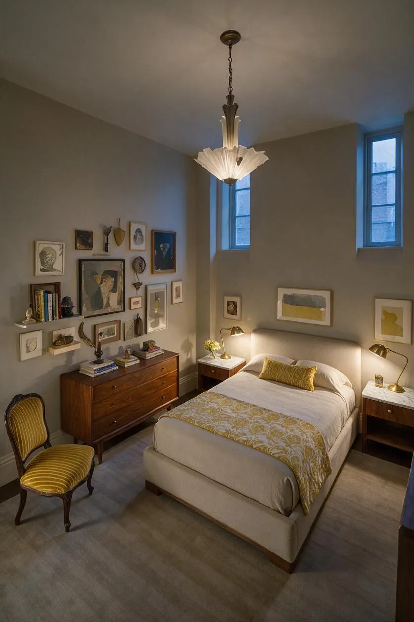 An eclectic bedroom with a cream upholstered bed, mustard patterned bedding, and brass bedside lamps between two windows. The walls are filled with a layered gallery of framed art, shelves, and small decor, while a vintage yellow chair and warm wood dresser add character.