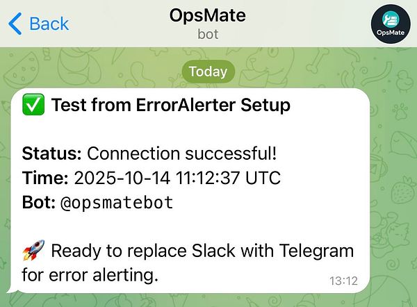 A Telegram bot message confirming a successful connection test for error alerts.