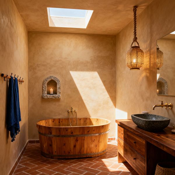 A rustic bathroom with warm plaster walls and a terracotta herringbone floor is lit by a skylight. A wood barrel soaking tub with brass wall tap sits below an arched stone niche holding a candle; to the right, a solid wood vanity supports a dark stone vessel sink with a brass spout, and a rope-hung woven lantern casts a soft glow; deep blue towels hang on hooks to the left.