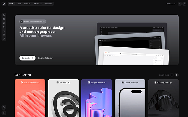 The image displays a modern web interface for Morflax Studio 2.0, showcasing design tools and features.